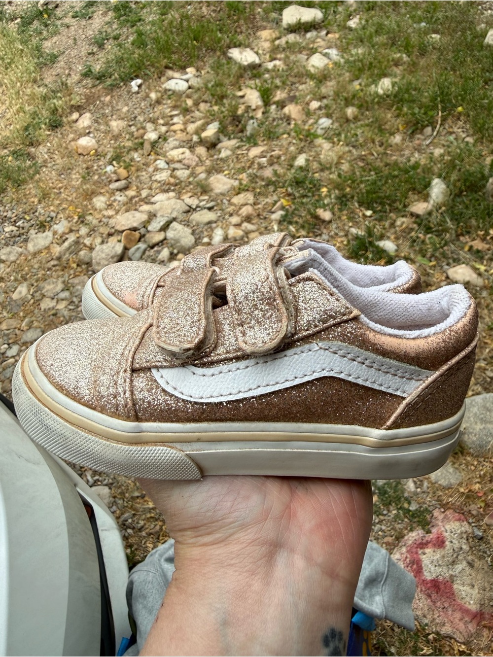 Vans Kids Glitter Sneakers in Rose Gold with White Stripe